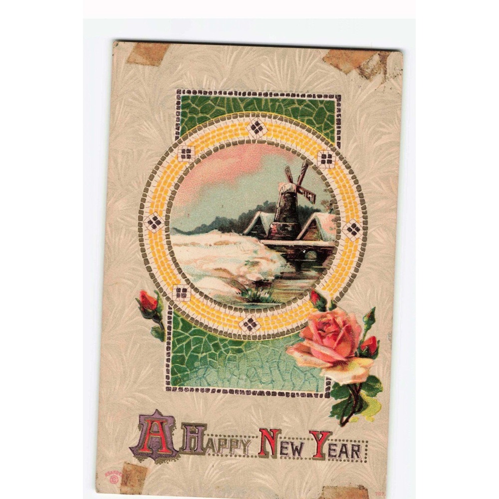 Antique Happy New Year Postcard Windmill Winter Scene Embossed Pink Roses G